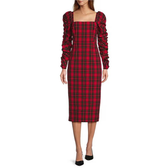 Antonio Melani Women's Size 12 Red Tartan Plaid Elena Square Neck Midi‎ Dress - Picture 11 of 11